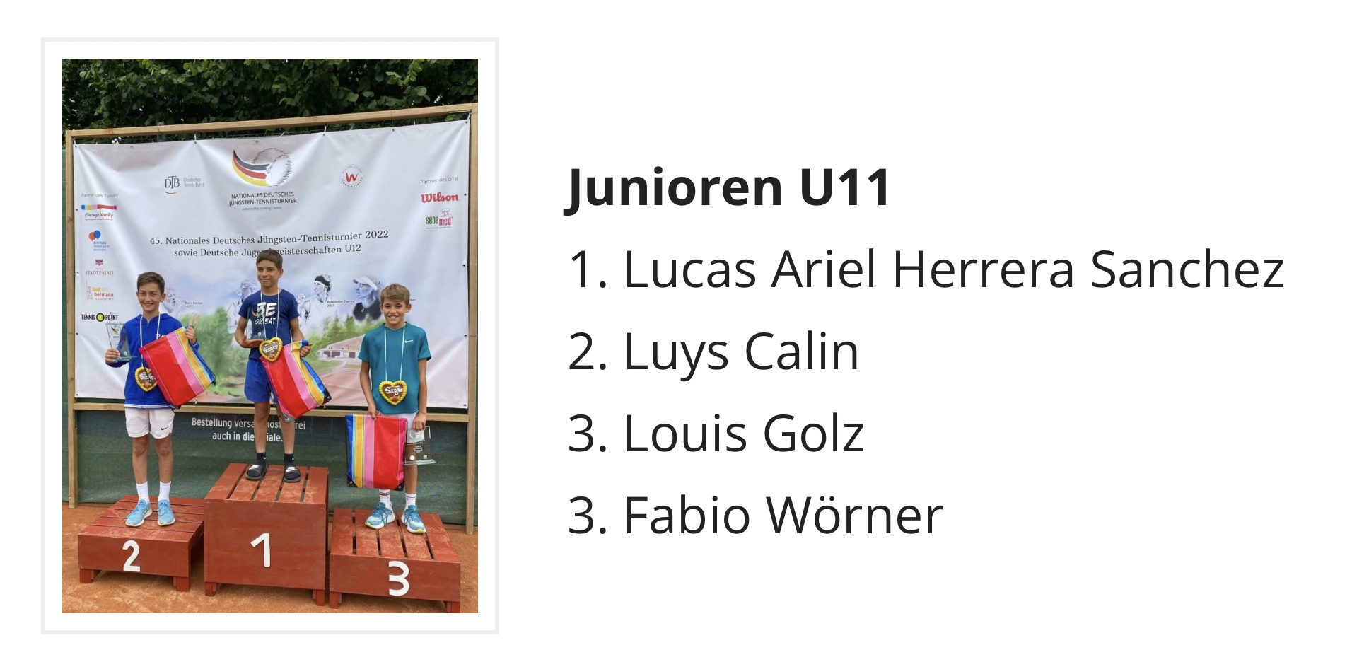 Siegerehrung Nationales Deutsches Jüngsten-Tennisturnier mit Luys Calin auf dem 2. Platz (Quelle: NDJTT)